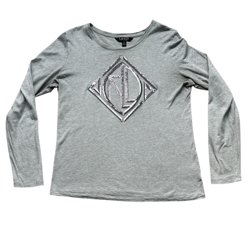 Lauren Ralph Lauren Gray Long Sleeve Sequin Logo Tee Size Large